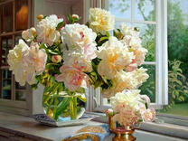 Без бренда «Ваза с букетом белых пионов у окна» в Рязани