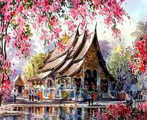 Сакура в цвету возле храма