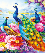 Яркие павлины среди цветов